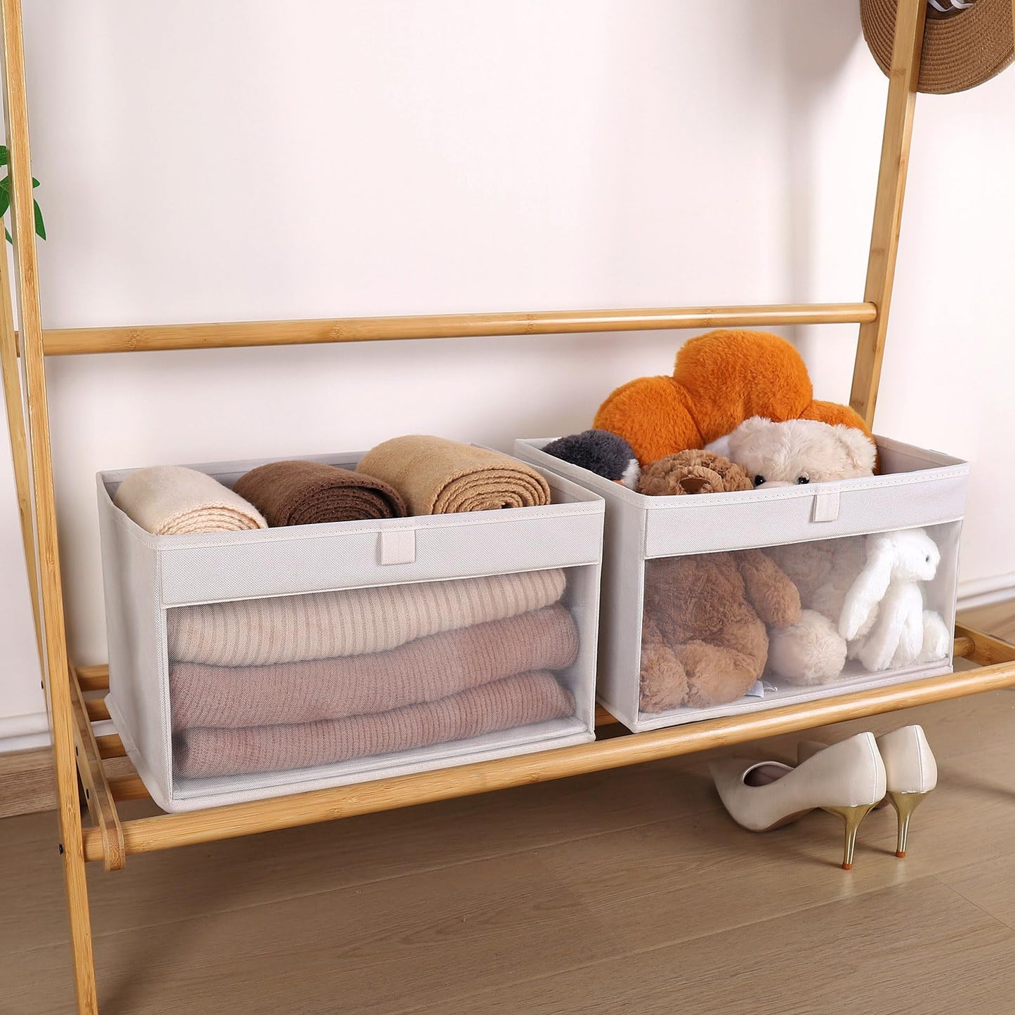 WUIKE Closet Storage Bins, Fabric Organizer Baskets with Clear Window and Handles, Foldable Storage for Shelves, Beige, Large, 3-Pack