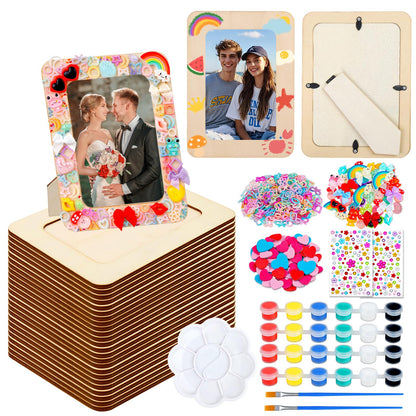 Picture Frame Painting Craft Kit,24 Pack Unfinished Wooden Picture Frames 4 x 6 Inch with Pearl Resin Diamond and Foam Stickers for DIY Paint and Decorate Craft Birthday Wedding Gifts