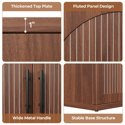 MapleGrace 63" Fluted Buffet Cabinet with Storage, Mid-Century Symmetrical Arched Sideboard Credenza with Adjustable Shelf, Large Wood Console Table for Dining Room, Kitchen, and Living Room (Walnut)
