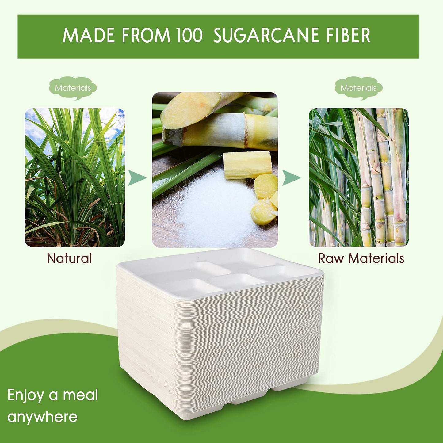 Vplus 100% Compostable Small 5 Compartment Plates 125 Pack 10.25 x 8.25 inch Disposable Sugarcane Bagasse Tray Perfect for Boys and Girls