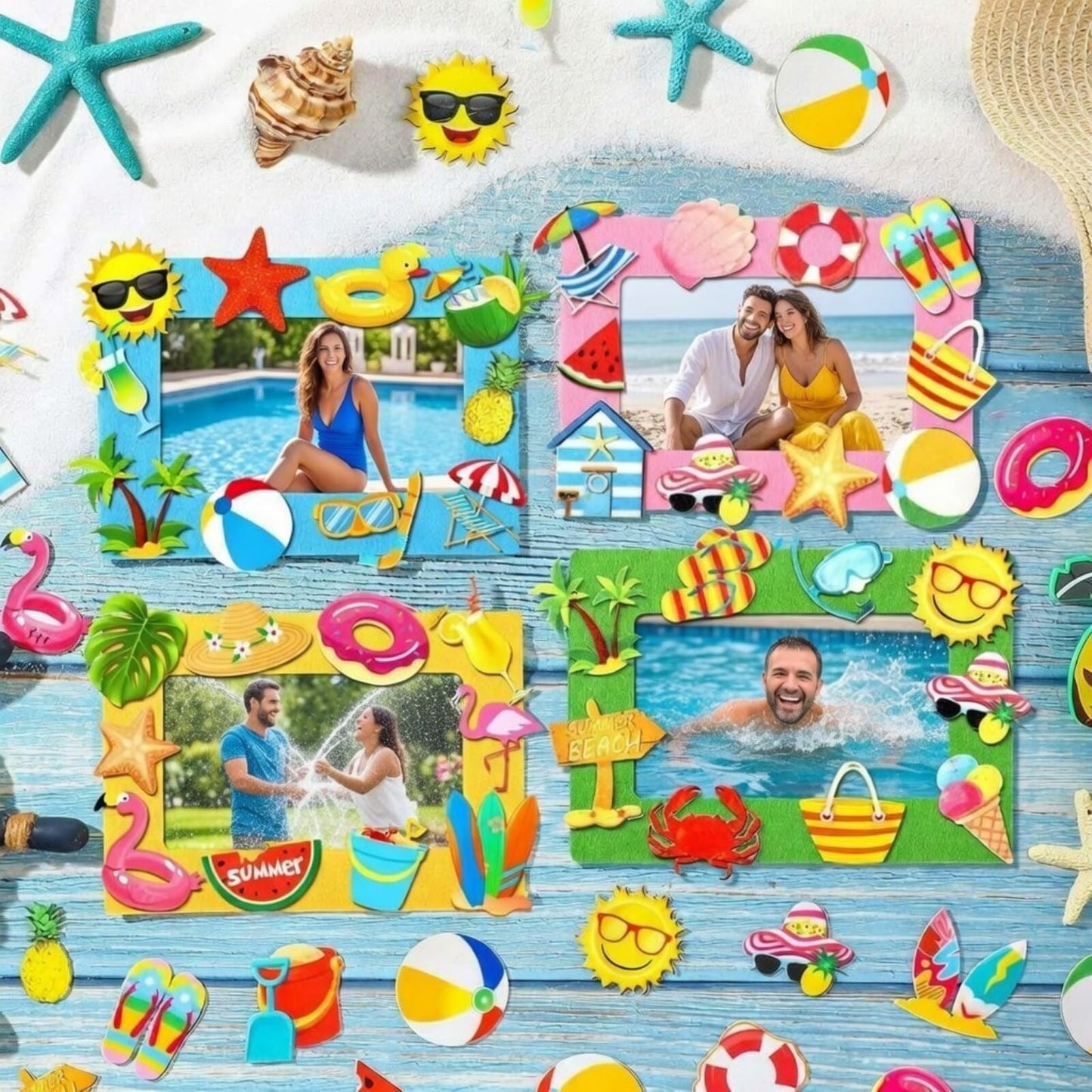 Marsui 232 Pcs Summer Picture Frame Craft Kit DIY Beach Summer Foam Picture Frames 5 x 7 Inch with 32 Felt Photo Frames 200 Foam Stickers for Tropical Party Holiday Game Activity Birthday Gifts