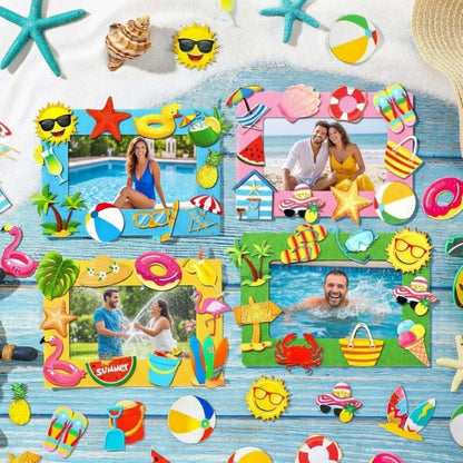 Marsui 232 Pcs Summer Picture Frame Craft Kit DIY Beach Summer Foam Picture Frames 5 x 7 Inch with 32 Felt Photo Frames 200 Foam Stickers for Tropical Party Holiday Game Activity Birthday Gifts