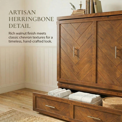 KEIKI Queen Murphy Bed Cabinet with Charging Station & Geometrical Panel, Pine Wood Hideaway Bed Frame with Large 3-Compartment Drawer, 2-in-1 Space-Saving Convertible for Guest Bedroom Studio Walnut