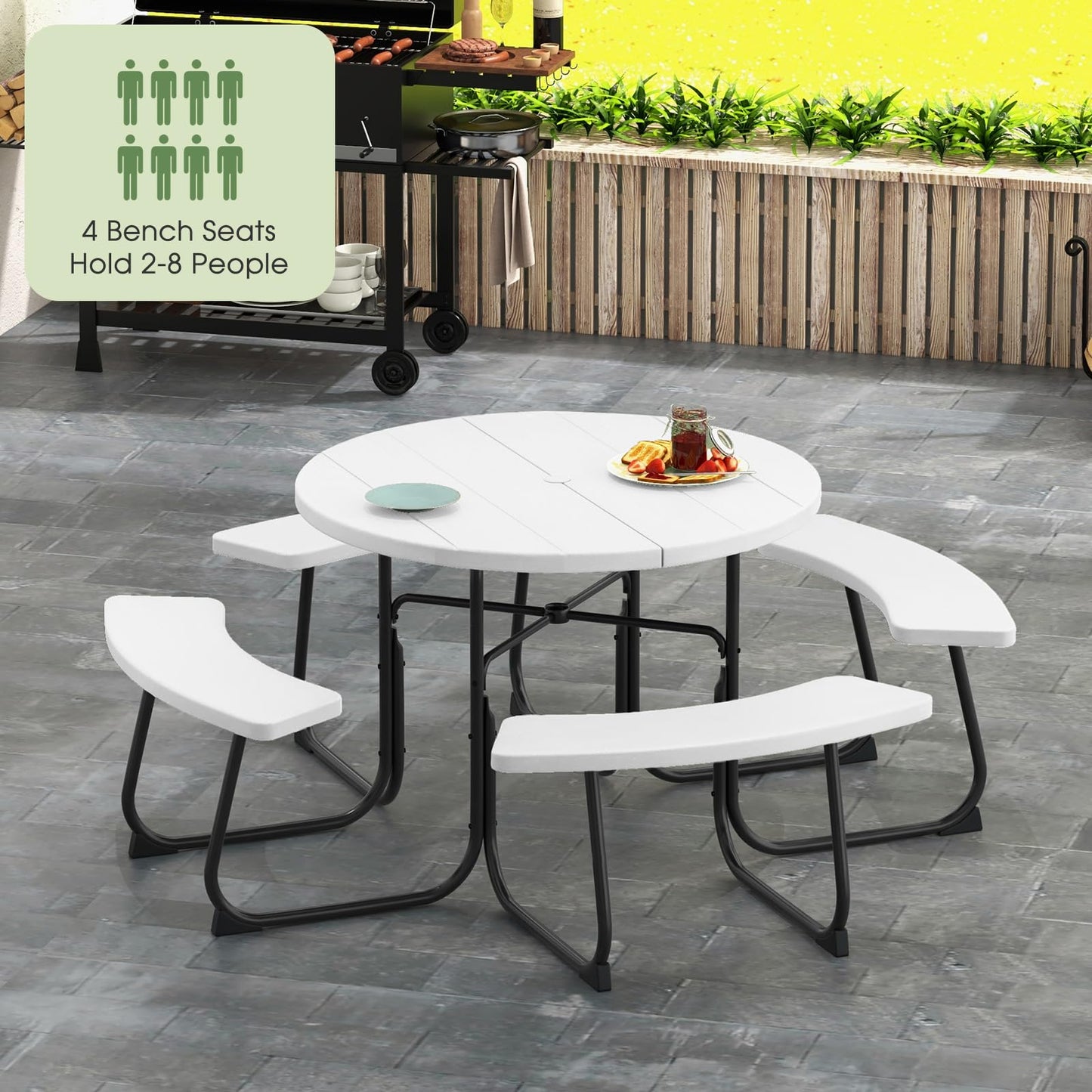 Giantex Picnic Table Set for Up to 8 Persons, Round Outdoor Table and Bench Set with Umbrella Hole, HDPE Top & Metal Frame, 2000LBS Capacity, Patio Table Bench for Deck Backyard Garden (White)