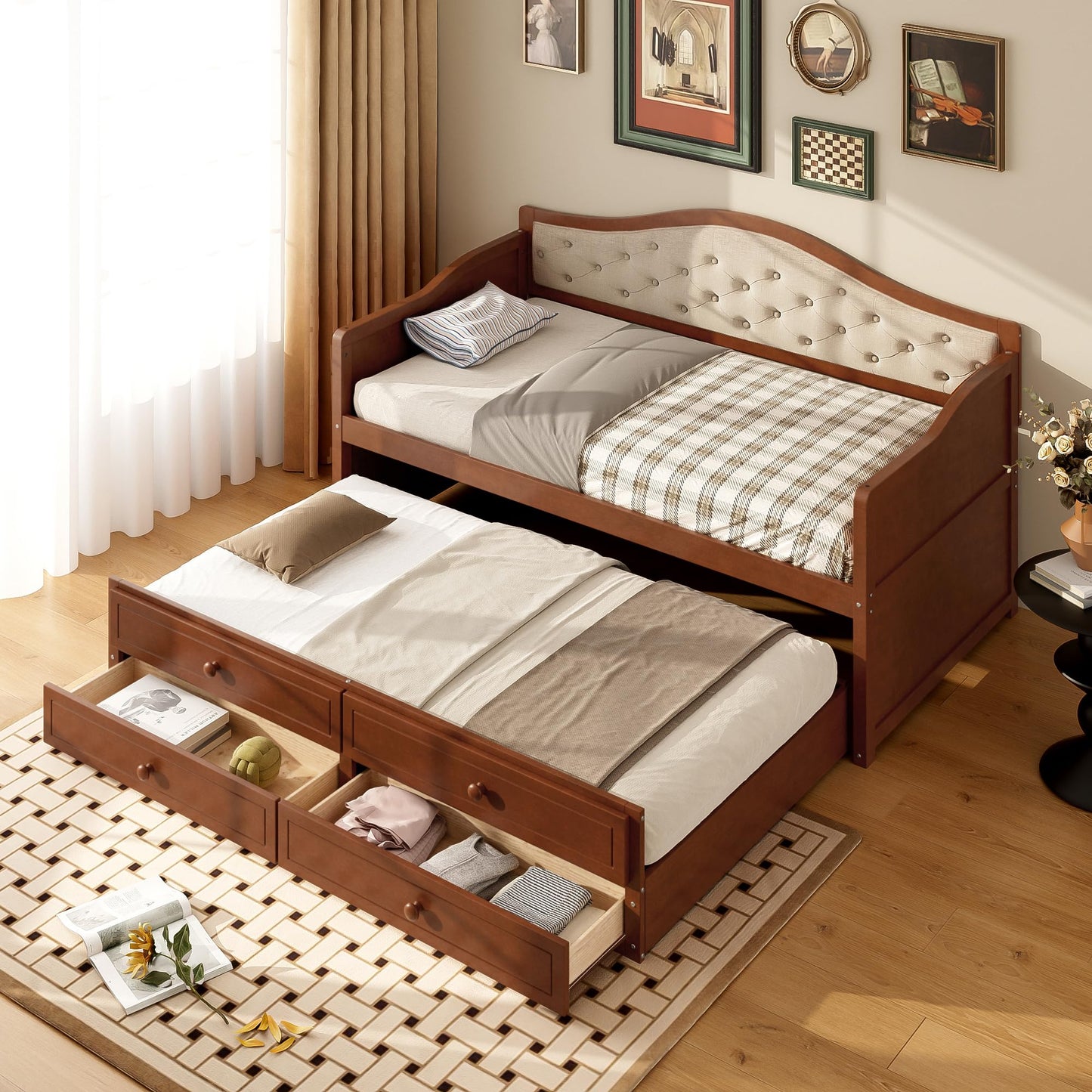Merax Twin Daybed Frame with Trundle and 2 Storage Drawers, Sofa Bed Twin Size Wooden Bed with Upholstered Button Tufted Backrest for Living Room, Bedroom, Guest Room (Walnut)