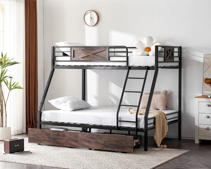 Bonnlo Metal Bunk Bed Twin Over Full with 2 Storage Drawers, Heavy Duty Twin Over Full Bunk Bed for Kids Teens Adults, 13.7-Inch Guardrail, Inclined Ladder, No Box Spring Needed, Black/Brown