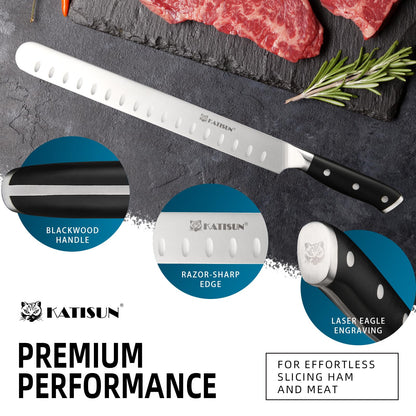 KATISUN Brisket Knife, 12 Inch Carving & Slicing Knife for Meat Cutting, BBQ, Razor Sharp German Steel, Sheath Included, Ergonomic Handle Design, Grilling Gifts for Men