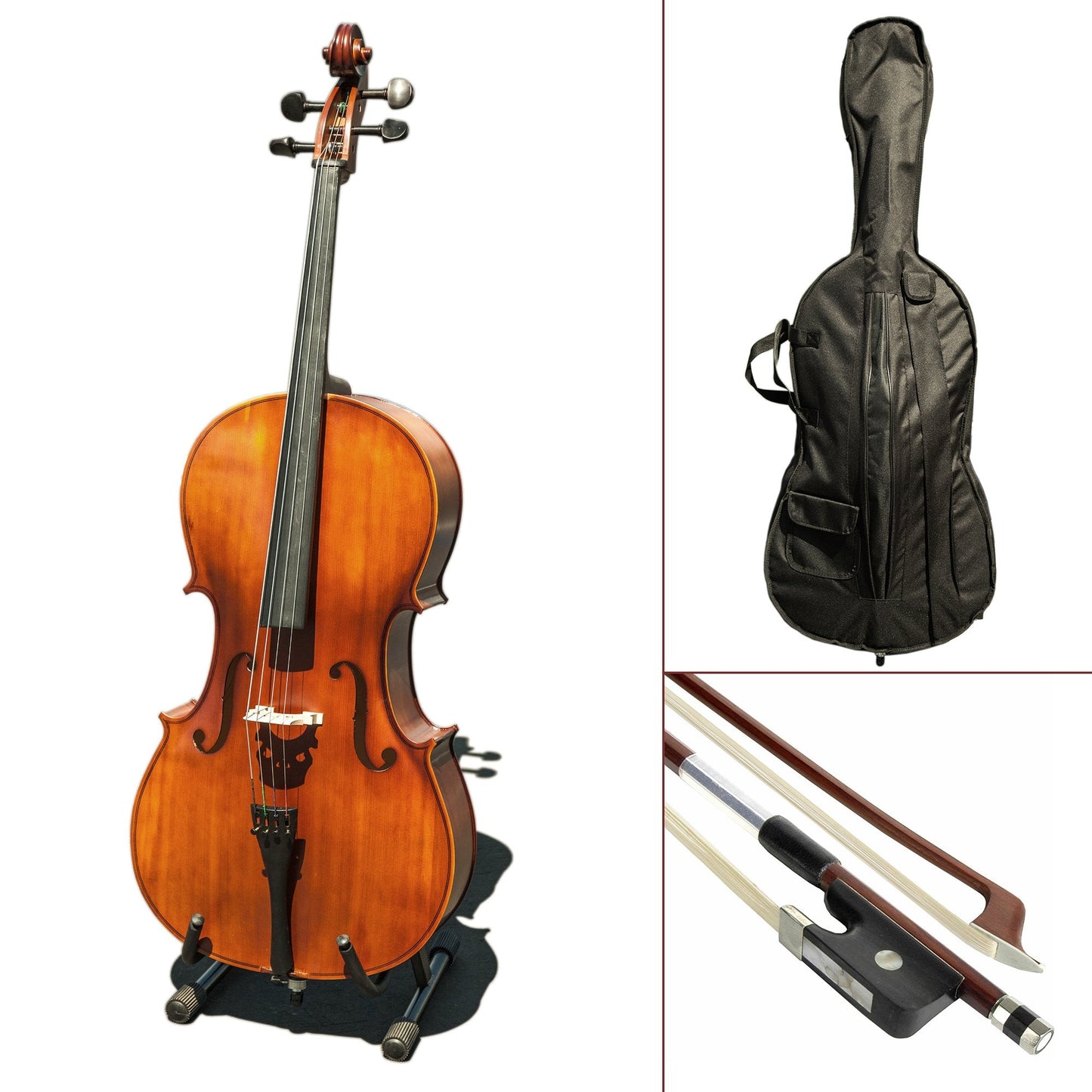 Paititi CE3005PE Scholar 256 Ebony Fitted Matte Finish Wood Cello with Soft Case, Brazilwood Bow, Rosin and Stopper (3/4)