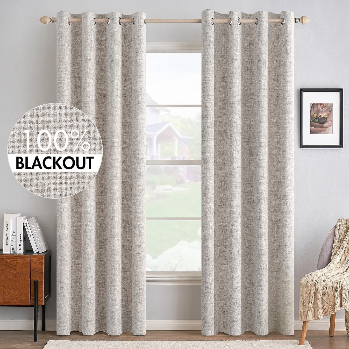 MIULEE 100% Blackout Linen Textured Curtains - Thermal Insulated Ivory Drapes | Luxury Room Darkening 52 x 72 Inch (2 Panels)