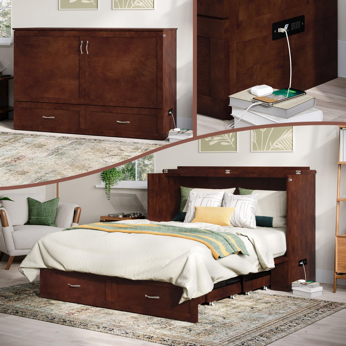 AFI, Raleigh Modern Queen Solid Wood Murphy Bed Chest with 6" Mattress, Storage Drawer & Built-in USB Charger, Walnut