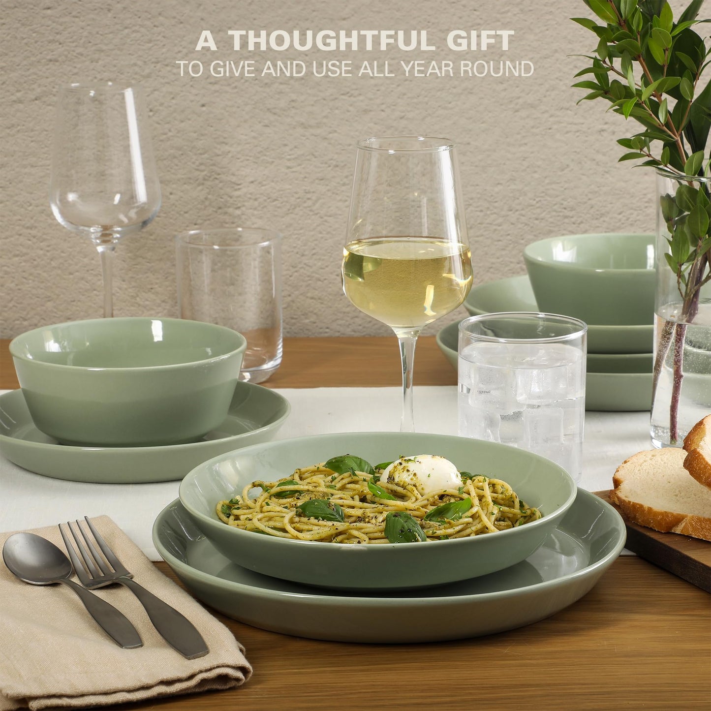 Gibson Home Summer Shades 16 Piece Plates and Bowls Dishes Service for 4 Porcelain Dinnerware Set - White