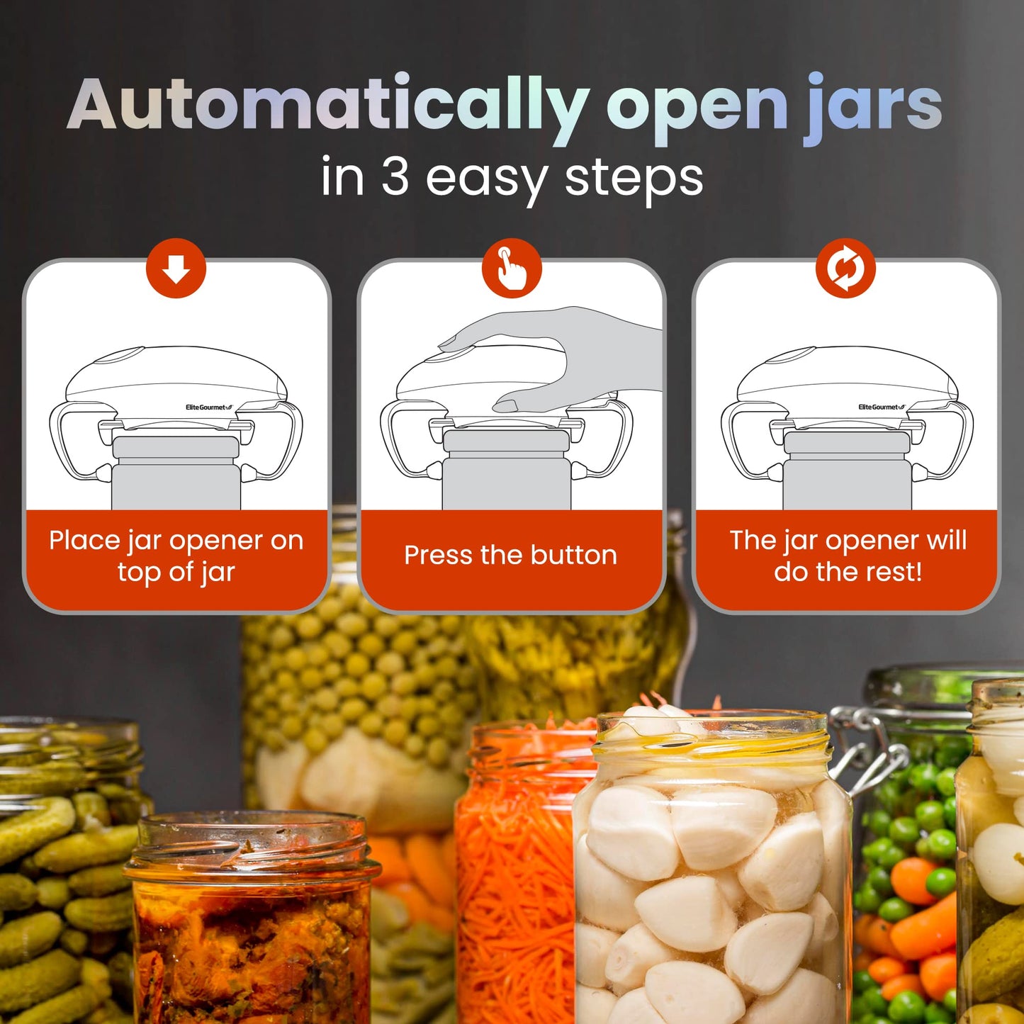 Elite Gourmet EJO800 High Power Torque Automatic Battery Operated Electric Jar Opener, One-Touch Electric Operation, Easily Remove Most-Size Lids with Auto-Size Guides, Black/Gray
