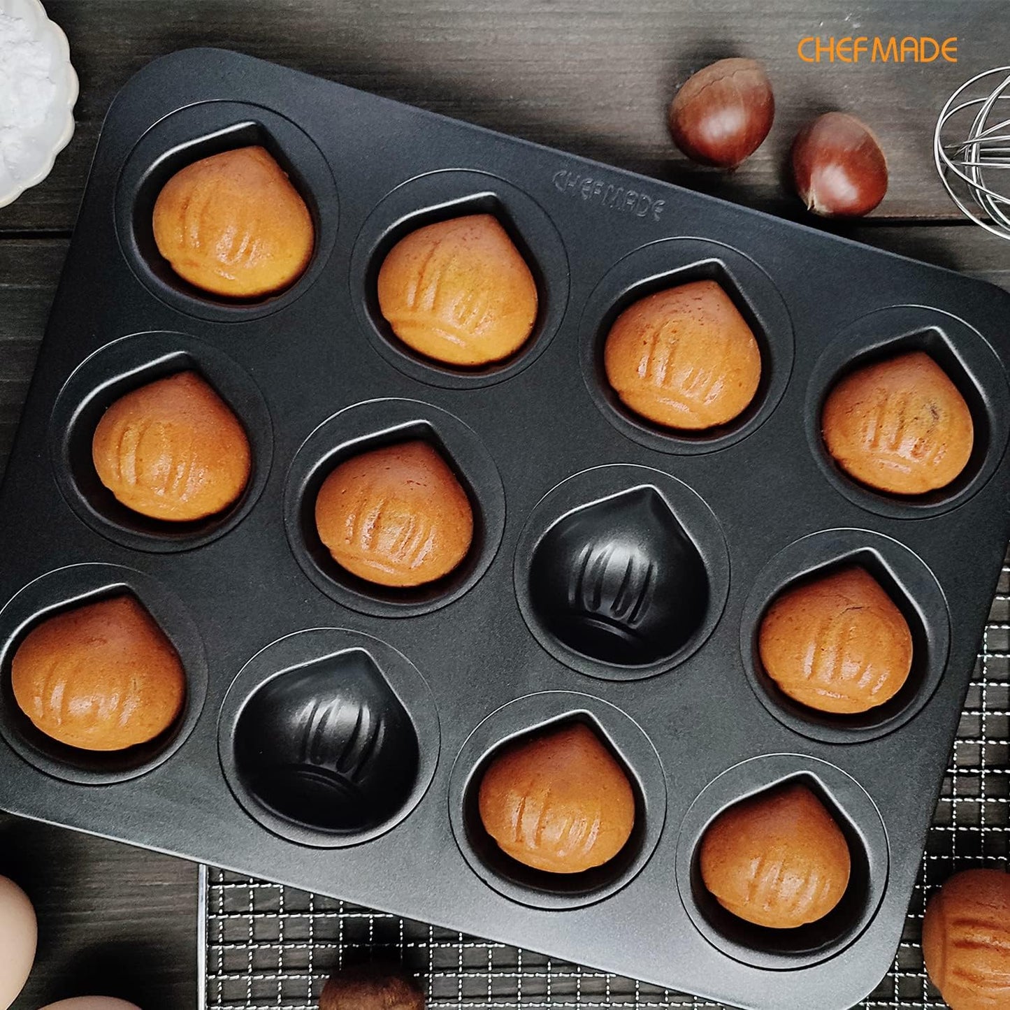 CHEFMADE Nonstick Muffin Cake Pan, 12 Cavity Chestnut-Shaped Bakeware