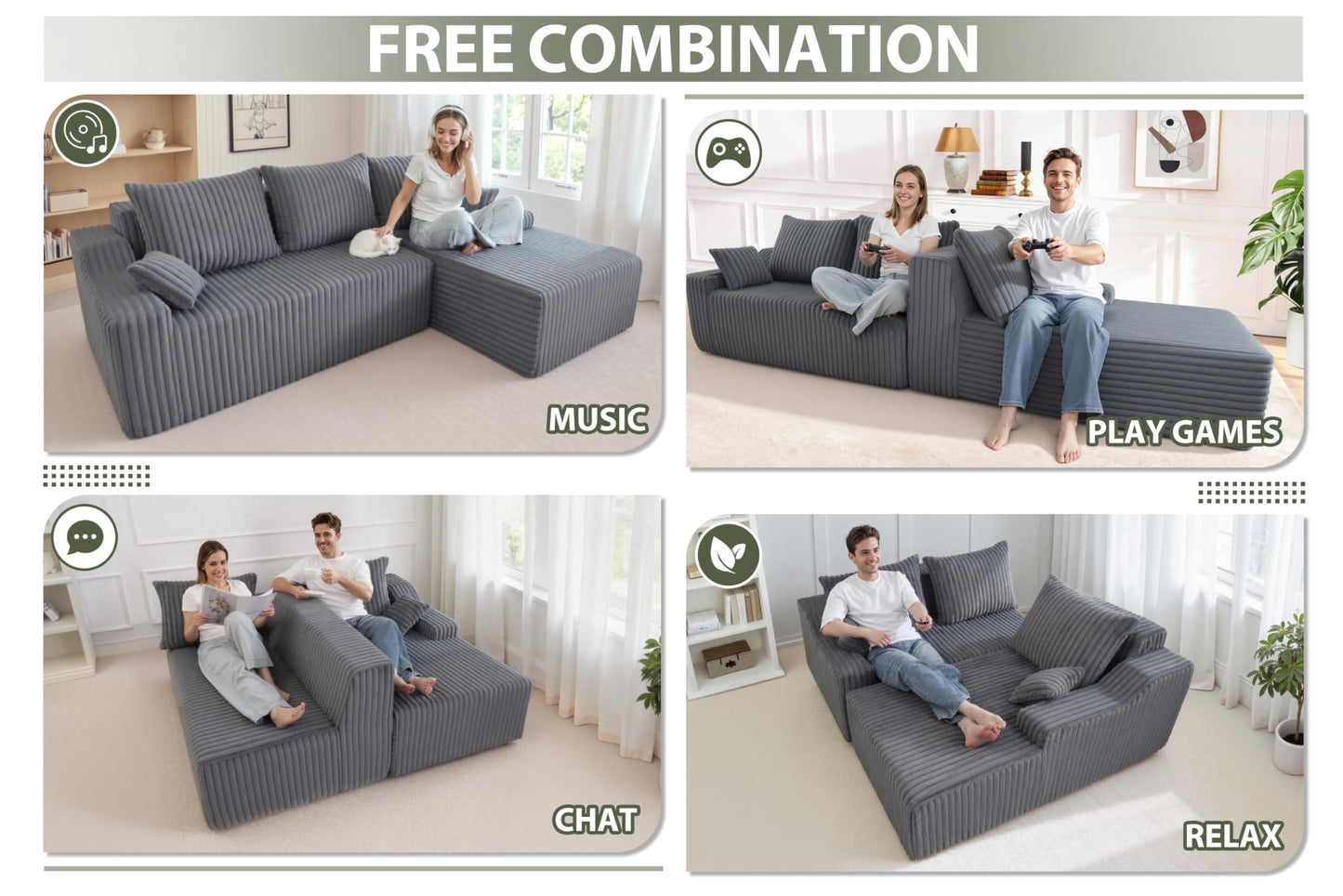 HABUTWAY 94'' Cloud Sectional Couch, Boneless Sofa with Deep Seat, Modular Comfy L-Shape Couch with Chaise for Living Room Bedroom, No Assembly Required(Grey,Right Facing Chaise)