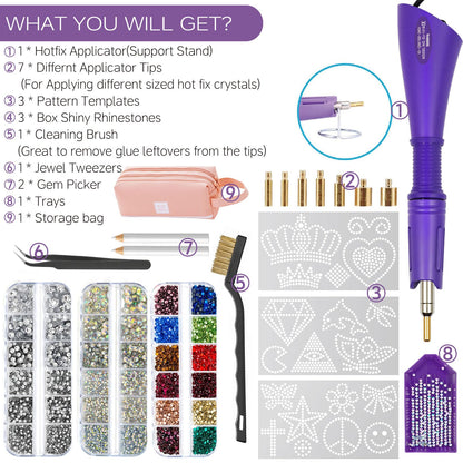 Hotfix Rhinestones Applicator Kit Set 4500 Pcs Crystals (White/AB/Multi-Color) - Bedazzler DIY Craft Includes 19 Pattern Templates, Tweezers, Brush, Storage Bag - for Clothes, Fabric, Jeans (Purple)