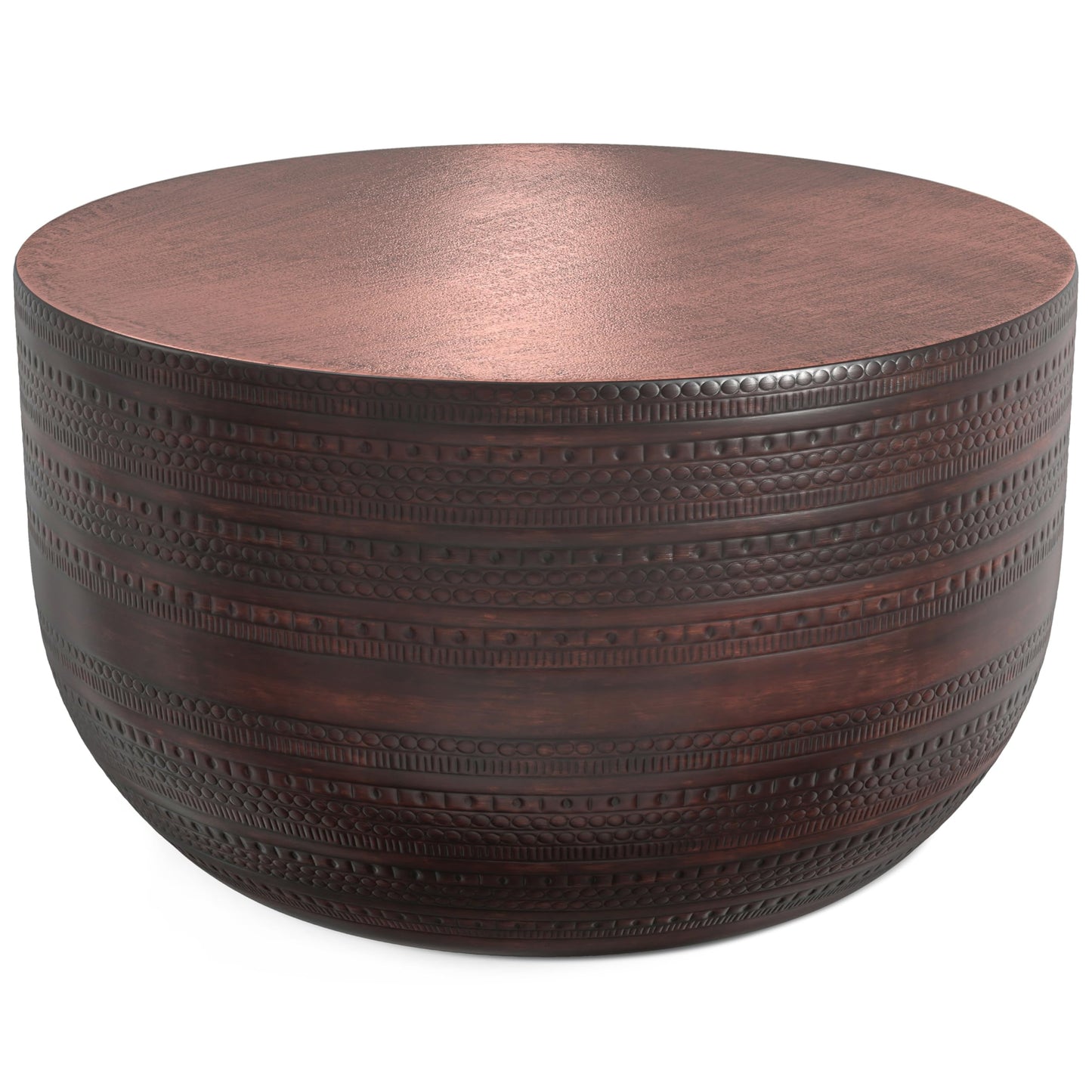 SIMPLIHOME Johnsen Metal Coffee Table - 30 inch Wide Solid Metal Round Drum Accent Table in Bronze, Boho Coffee Table for Living Room or Bedroom with Decorative Textured Design, Assembled