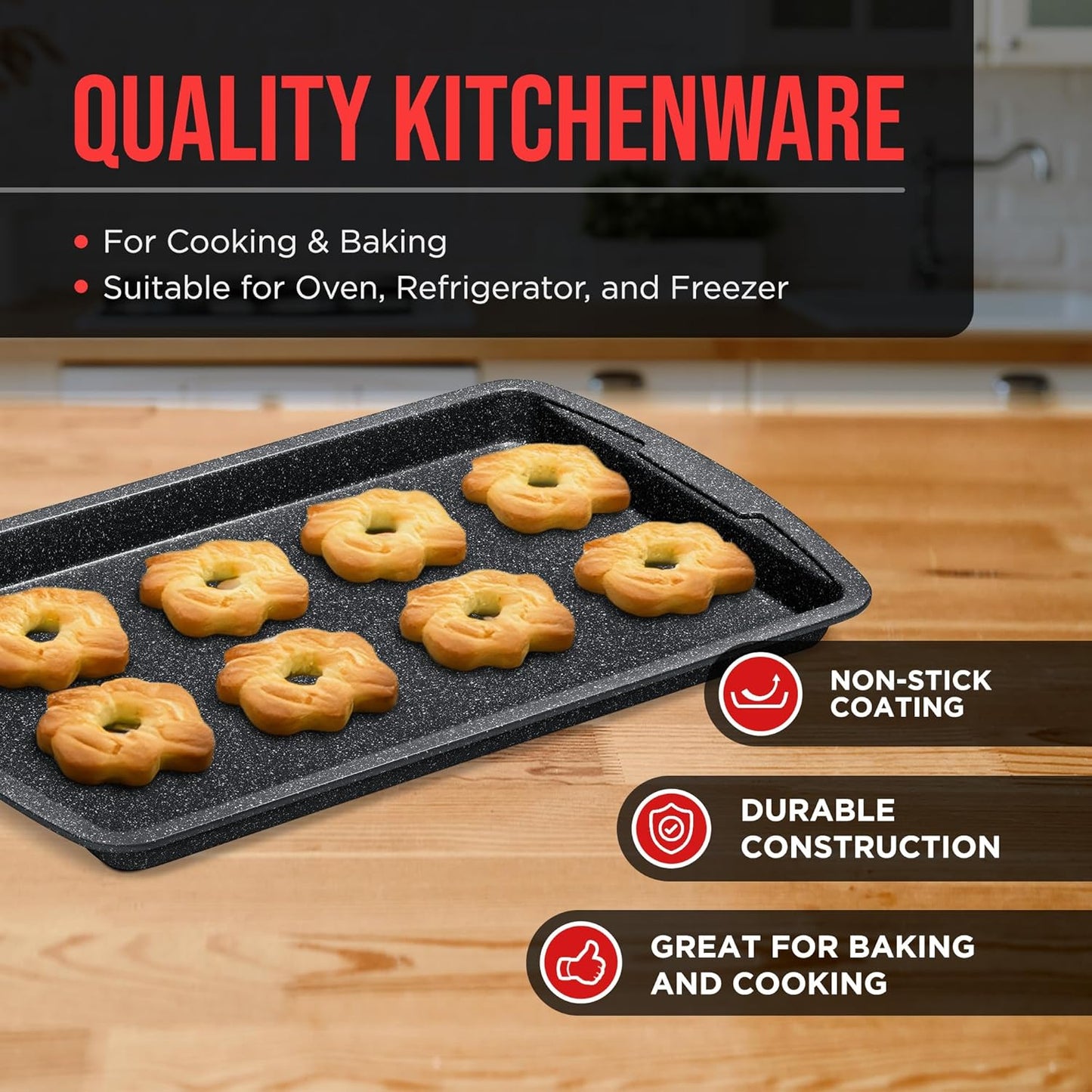 Bakken Swiss Cookie Sheet 3 Piece Set, Non-Stick Stackable Baking Pans with Gray Marble Deluxe Ceramic Coating