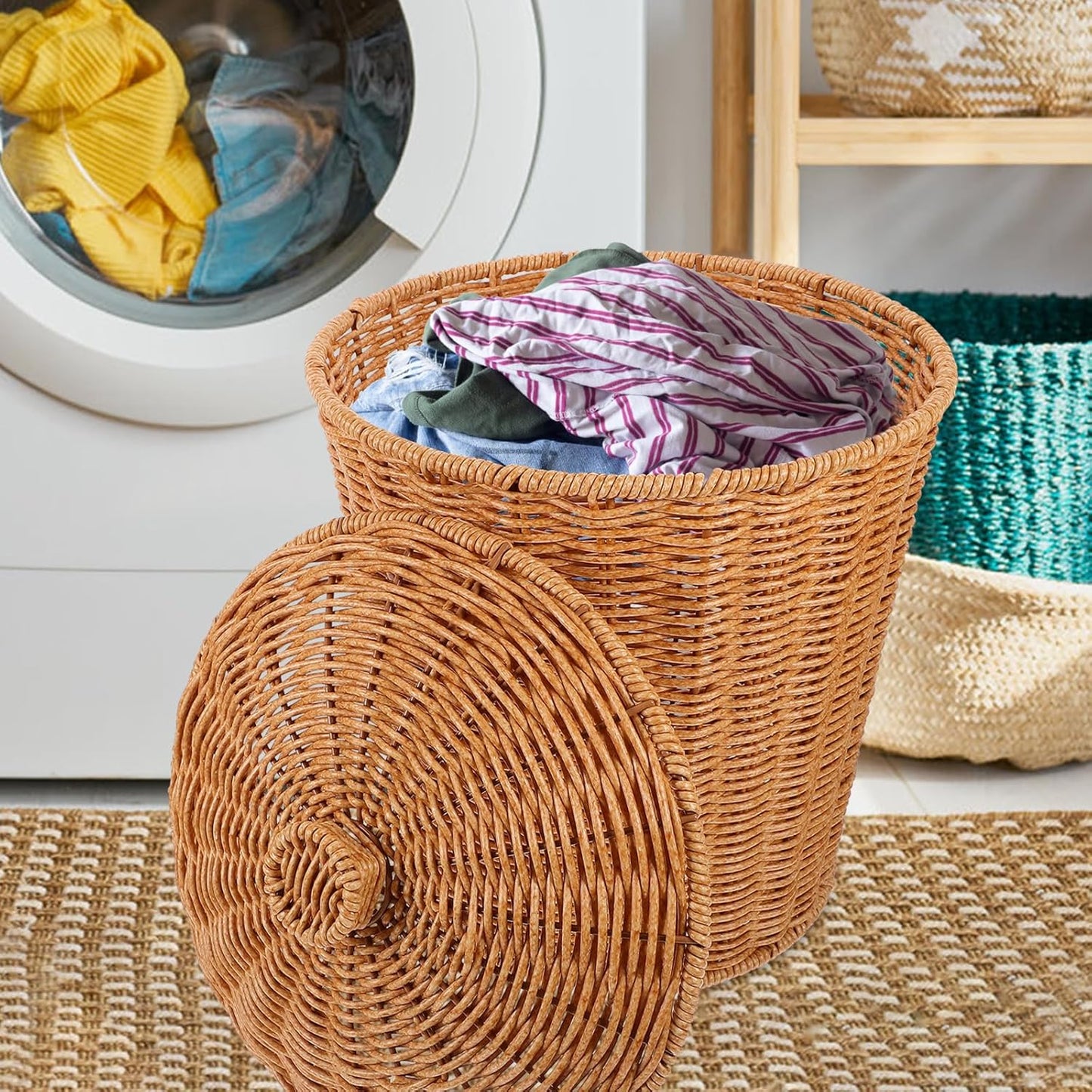 VICASKY Wicker Storage Basket with Lid, Dirty Clothes Container, Rattan Waste Basket, Bedroom Trash Can