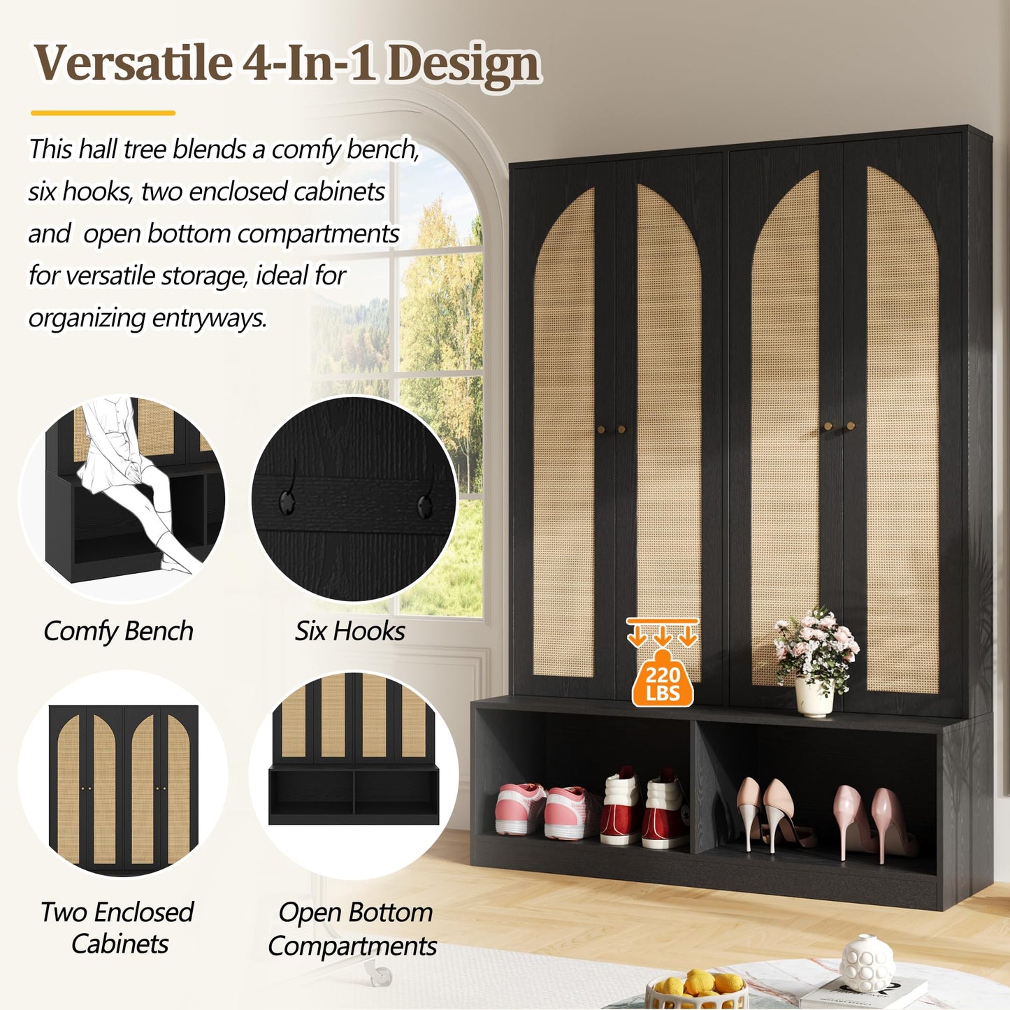Merax Farmhouse Hall Tree with 4 Rattan Doors & Bench - 55.1" Entryway Shoe Cabinet, 6 Hooks, Adjustable Shelf, Mid-Century Storage for Living Room, Black