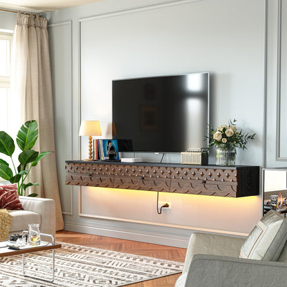 FurniNova Fully Assembled Floating TV Stand, 55 inch Wall Mounted Media Console with Carved Solid Wood Doors & 2 Drawers, Plywood Entertainment Center for Living Room, Black & Walnut
