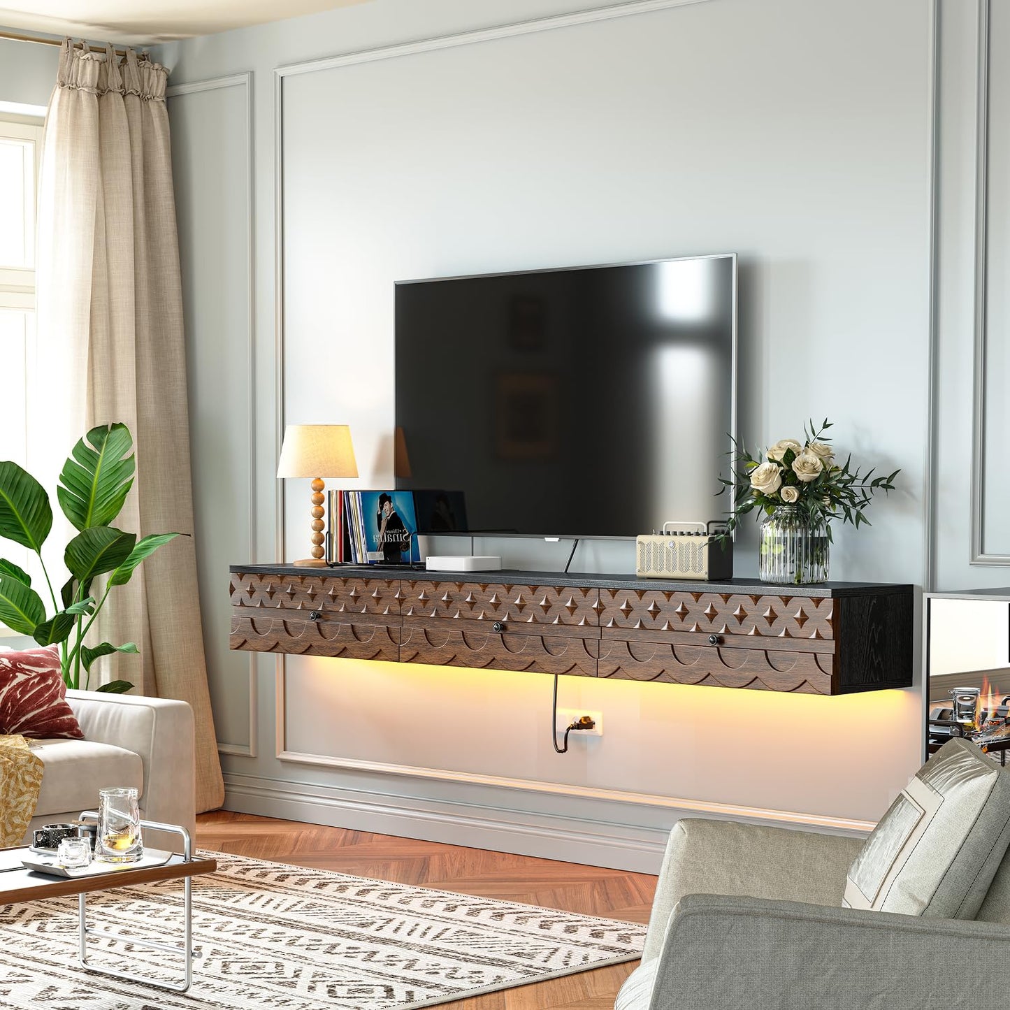 FurniNova 70'' Floating TV Stand Wall Mounted, Fully Assembled Media Console with 2 Drawers and 1 Door, Wall Mounted TV Cabinet,Carved Wood Design,Natural Wood Finish
