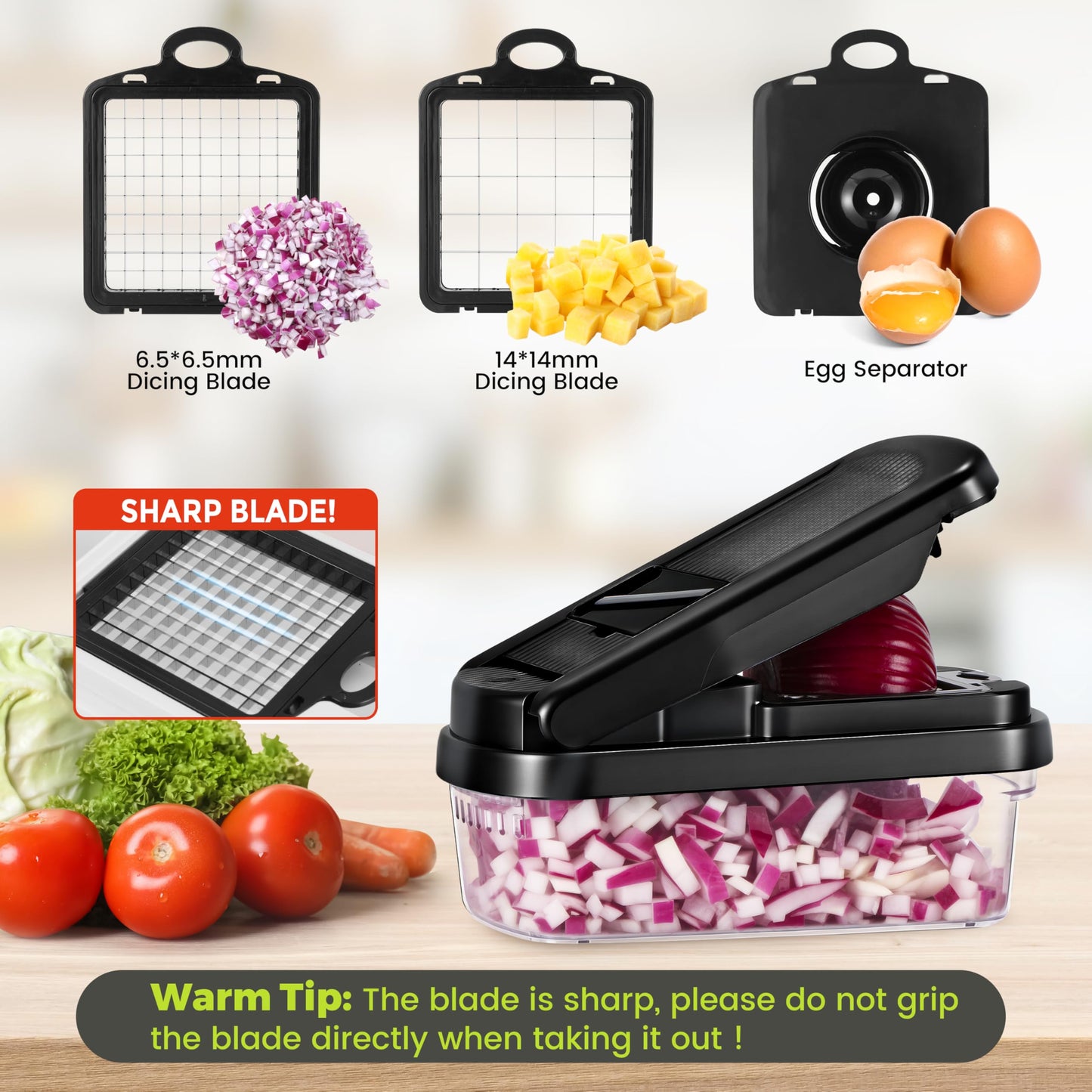 Vegetable Chopper,12-in-1 Multifunctional Food Chopper,Professional Onion Chopper with 7 Blades,Vegetable Cutter with Container for Salad,Potato,Carrot,and Garlic Essential Kitchen Tool (Black)