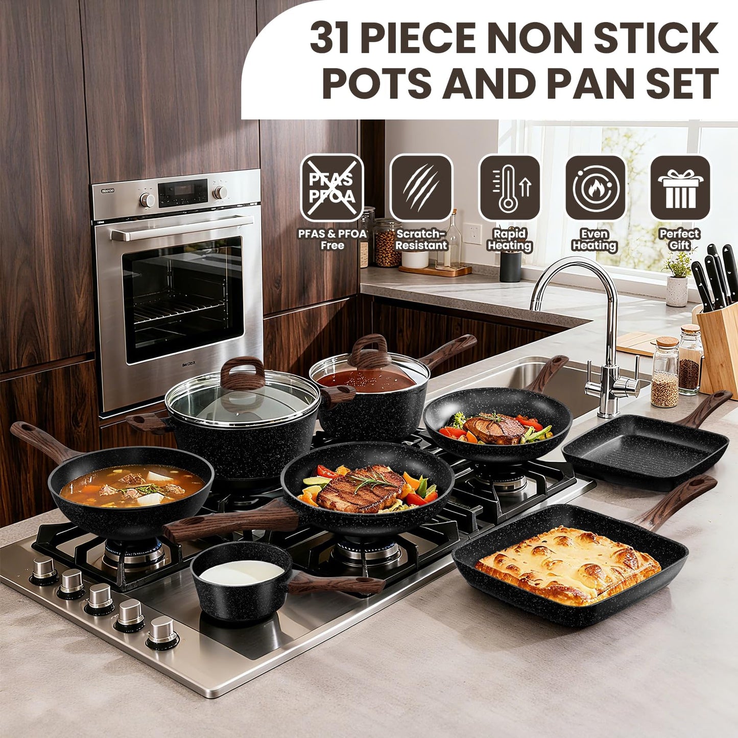Pots and Pans Set Non Stick, 31 Piece Kitchen Induction Cookware & Bakeware Set, Nonstick Kitchen Cooking Pans Set with Frying Pans Set Grill Pan Saucepan Baking Sheet & Utensils, PFOA Free