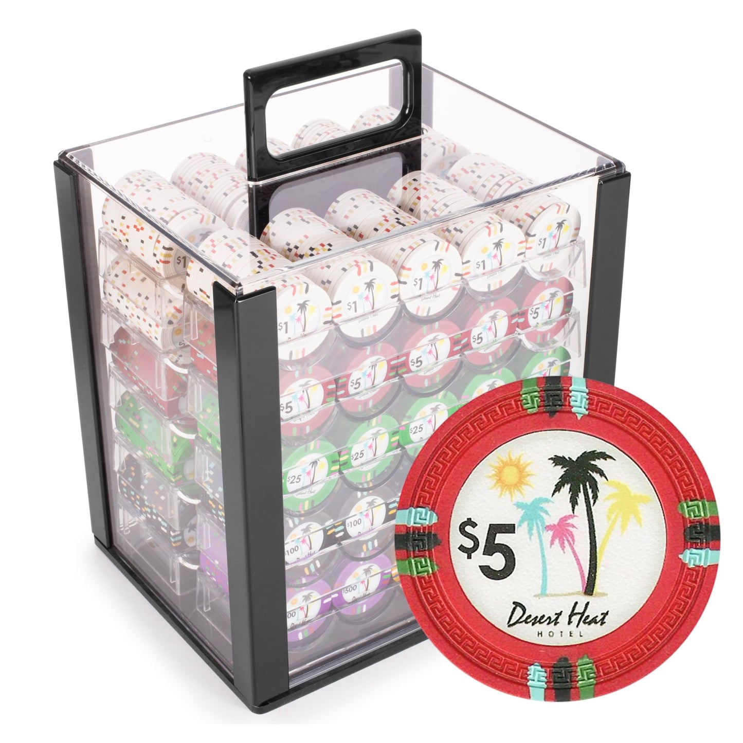 Playzaic 1000-piece Acrylic Desert Heat Poker Chip Case - 13.5-gram Heavy Clay Composite Set - Casino Chips for Texas Holdem, Blackjack - Betting Game Accessories