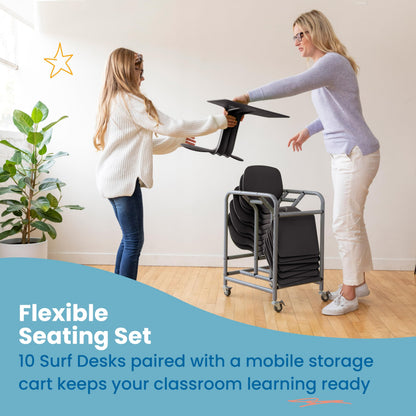 ECR4Kids The Surf Portable Lap Desk with Storage Cart, Flexible Seating, Black, 10-Pack