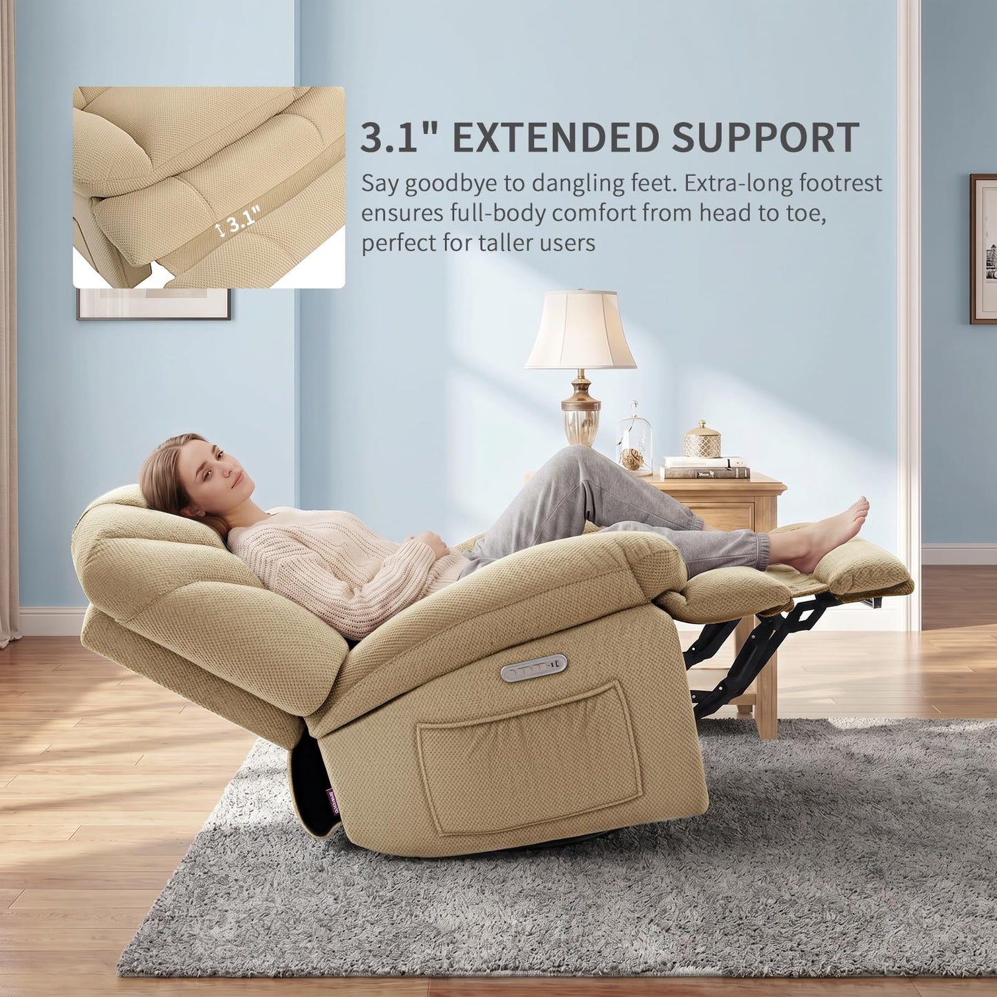 EONIX Dual Motor Power Swivel Rocking Recliner Chair for Living Room, Armless Oversized Shell Shape Lazy Boy Rocker Recliner, Plush Fabric Thickened Cushion, Elevated Soft and Comfort, Beige