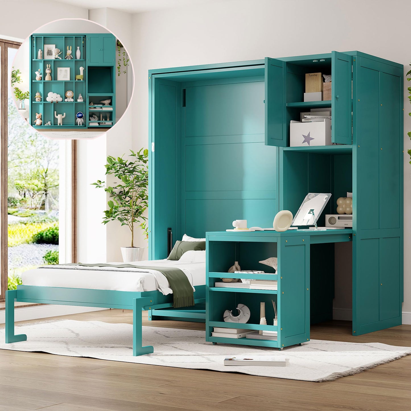 Merax Twin Size Rotating Wall Murphy Beds, Wood Folding Murphy Wall Bed with Bookshelf, Top Cabinet, Extendable Desk & Side Storage, Teal