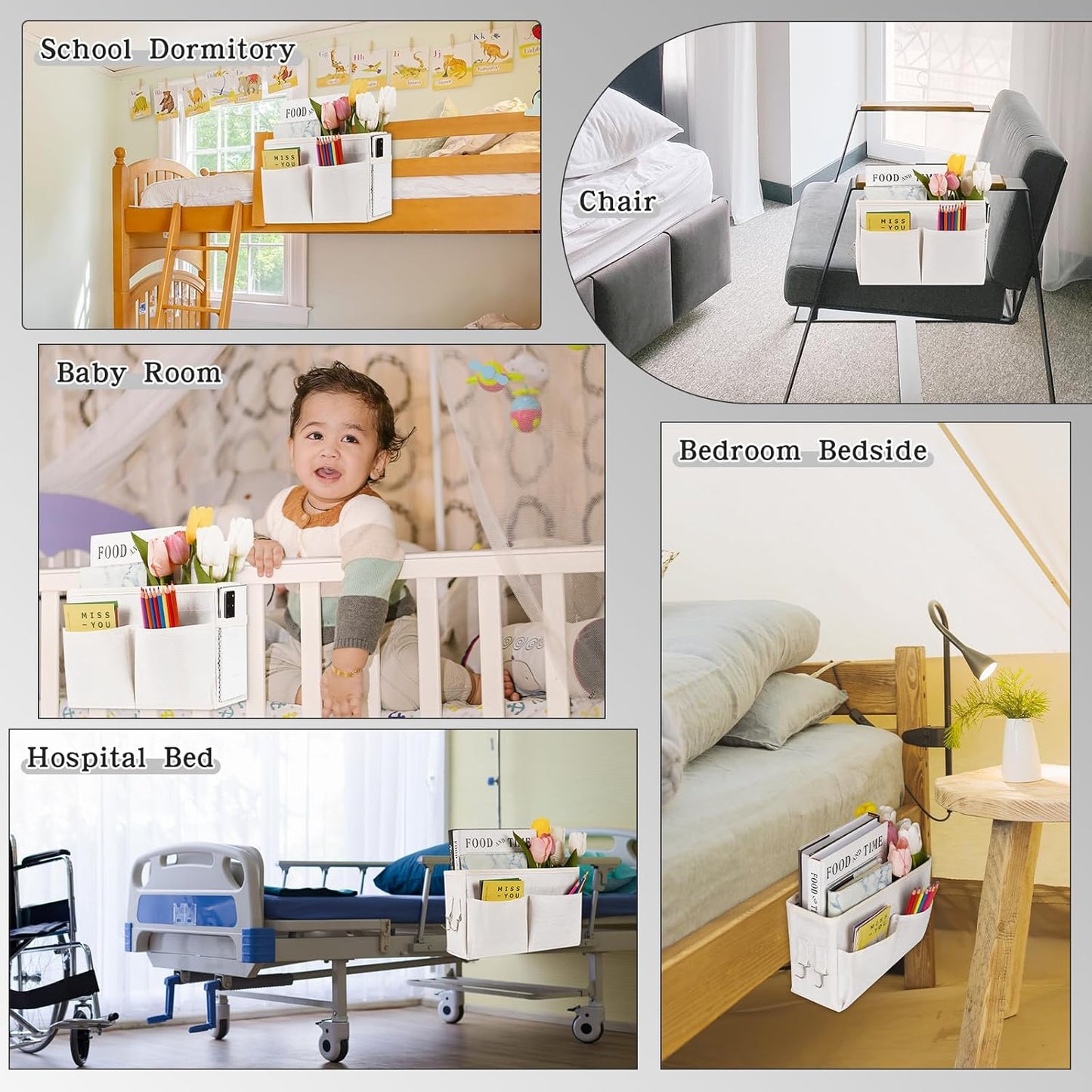 Bedside Caddy White Bedside Hanging Storage Basket, Bed Caddy for Headboards, Bunk Dorm Rooms Crib Beds Rails Organizer