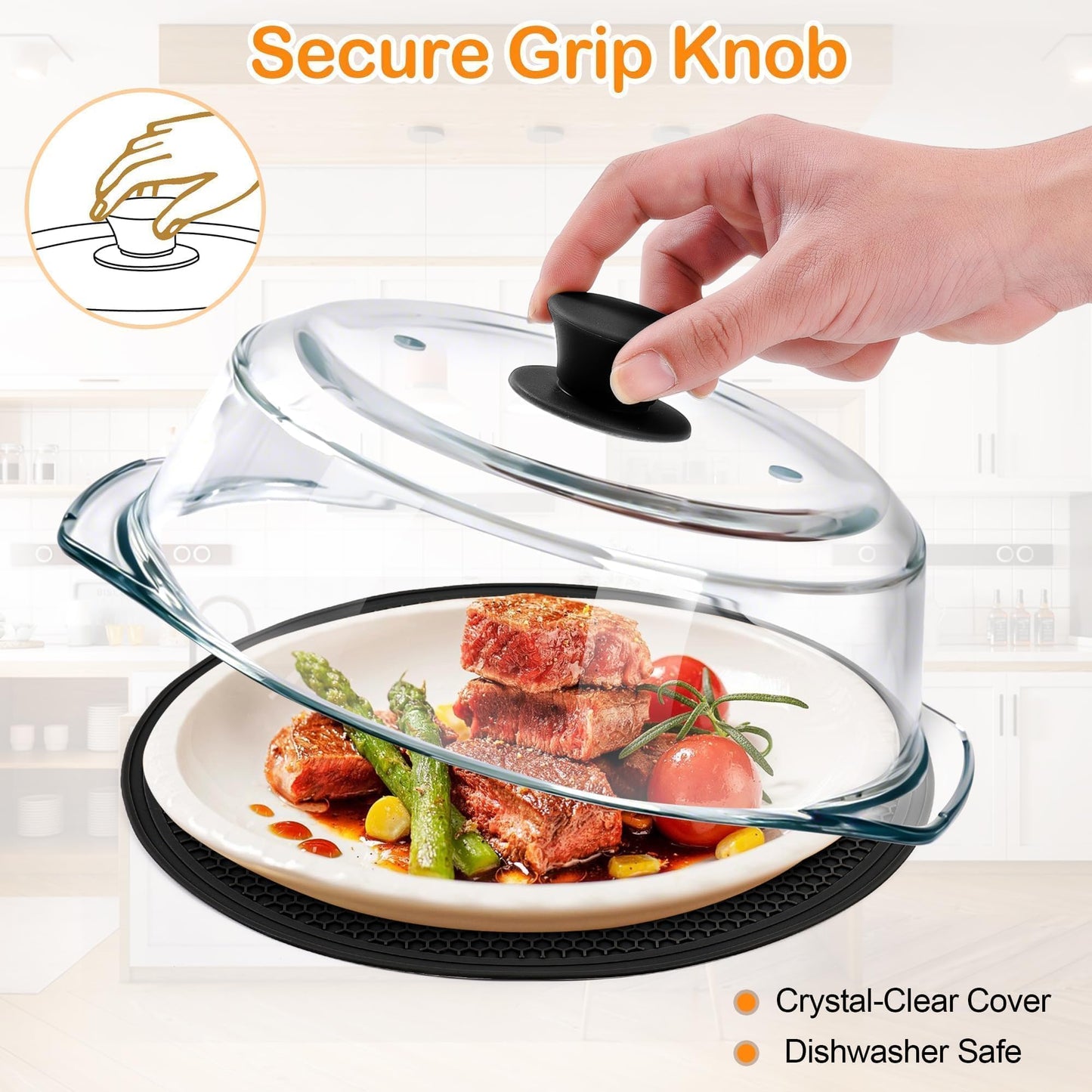 Glass Microwave Splatter Cover for Food with Microwave Place Mat - Sturdy Plate Guard Lid with Vent Holes and Easy-Grip Silicone Handle - BPA Free, Dishwasher Safe (Black)