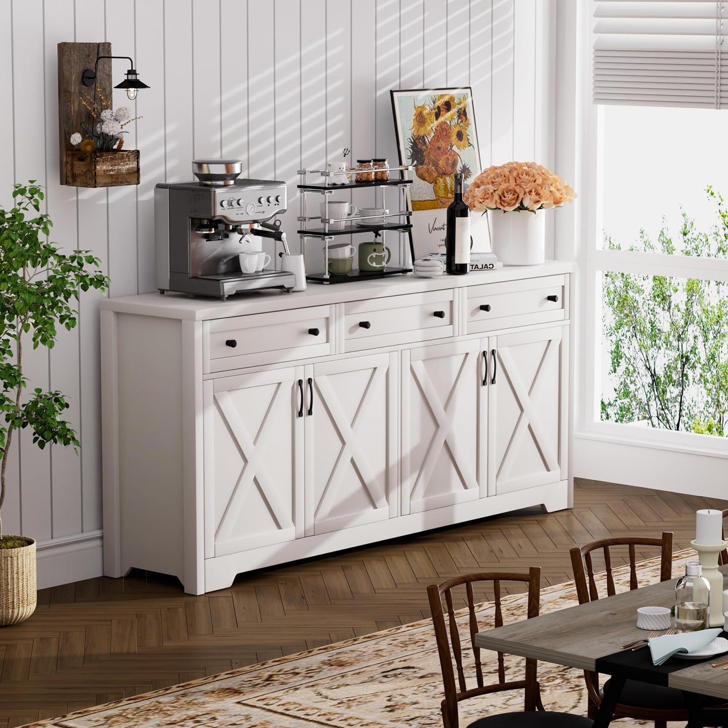 Lyromix 66'' Farmhouse Sideboard Buffet Cabinet with Storage, Large Kitchen Storage Cabinet with Barn Doors Drawers, White Coffee Bar Table for Dining Room Kitchen