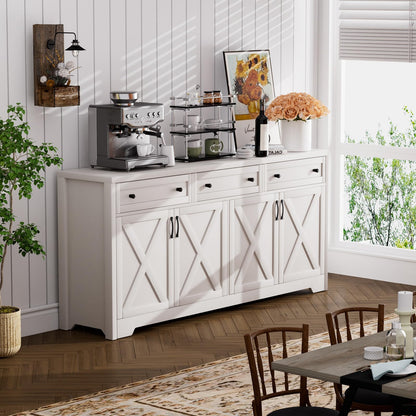 Lyromix 66'' Farmhouse Sideboard Buffet Cabinet with Storage, Large Kitchen Storage Cabinet with Barn Doors Drawers, White Coffee Bar Table for Dining Room Kitchen