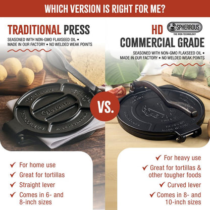 Victoria 10-Inch Cast Iron Tortilla Press HD Spherrous, Commercial-Grade Cast Iron Tortilla Maker, Roti Press, Pataconera Seasoned with Flaxseed Oil, Made in Colombia, Black