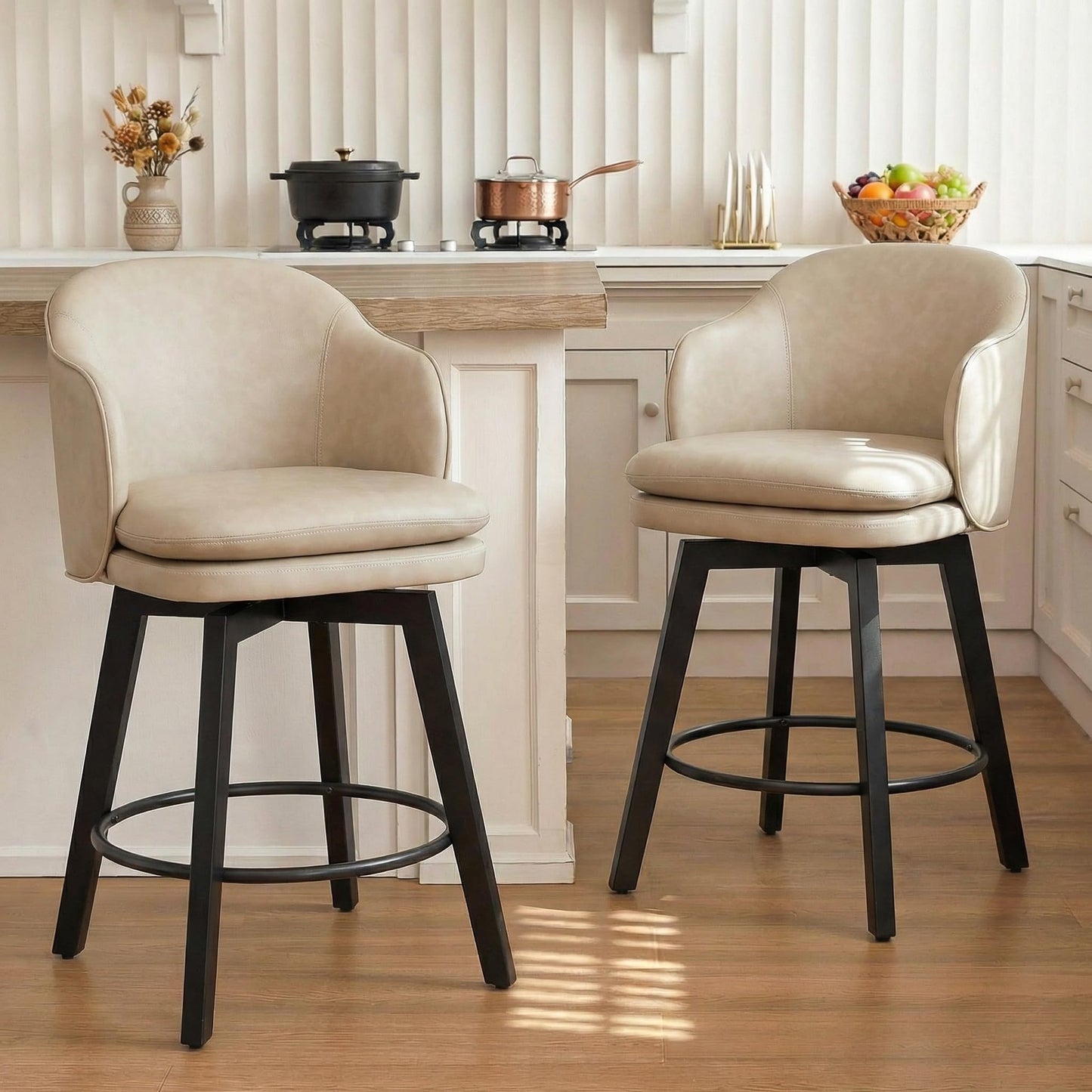 Counter Height Barstools 26 inch Upholstered Swivel Bar Stools with Back and Wood Legs for Kitchen Island,Set of 2,Beige PU Leather