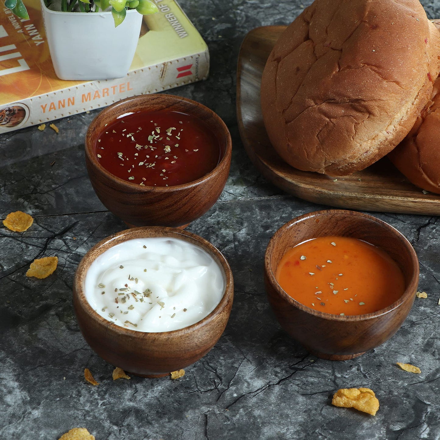 LAVAUX DESIGNS Set of 6 Acacia wood small bowls, 4 fl oz 3.2 * 2 inches | Hand carved small dipping bowls for sauce, salsa. Little bowls for ingredient prep, spices | Charcuterie boards accessories