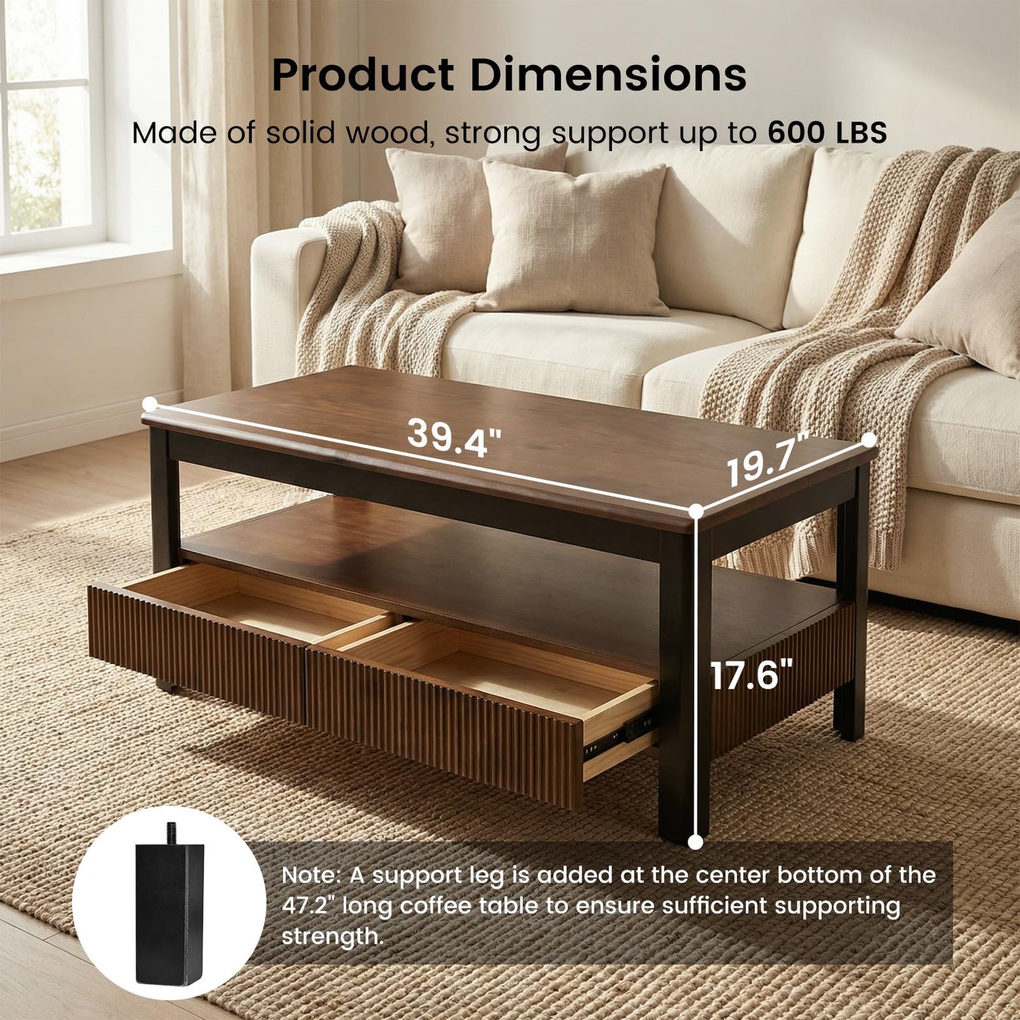 39.4" Walnut Solid Wood Coffee Table for Living Room,Mid Century Modern Real Wooden Fluted Coffee Table with 2 Drawers & Open Shelf Storage for Home Office,Oak Rectangle