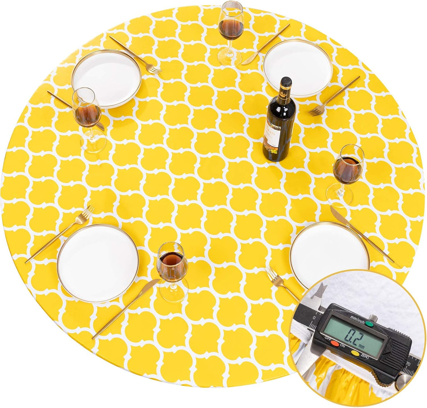 UMINEUX Round Fitted Vinyl Tablecloth with Elastic Edged & Flannel Backing - Waterproof Round Table Cover for Indoor