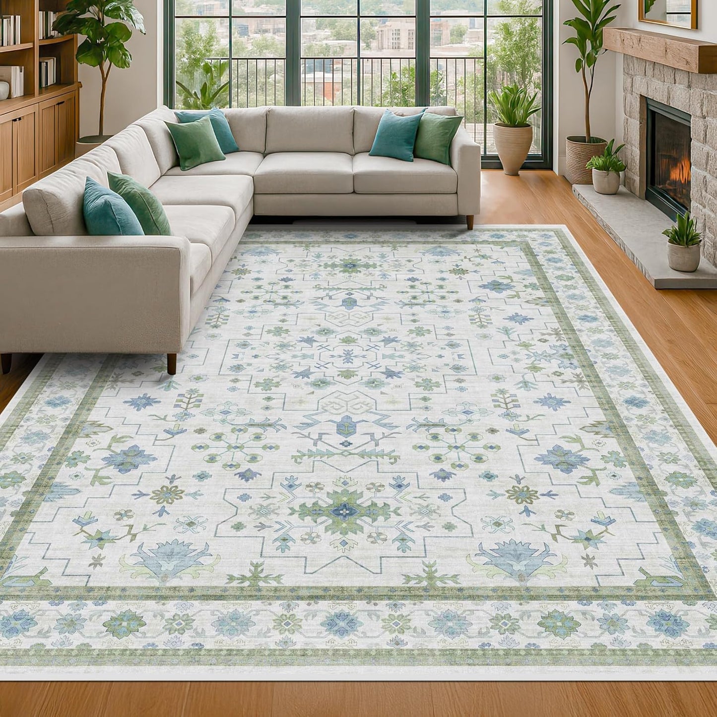Regine Switzerland Large 8x12 Area Rug - Washable Non-Skid Geometric Floral Design in Cream Green