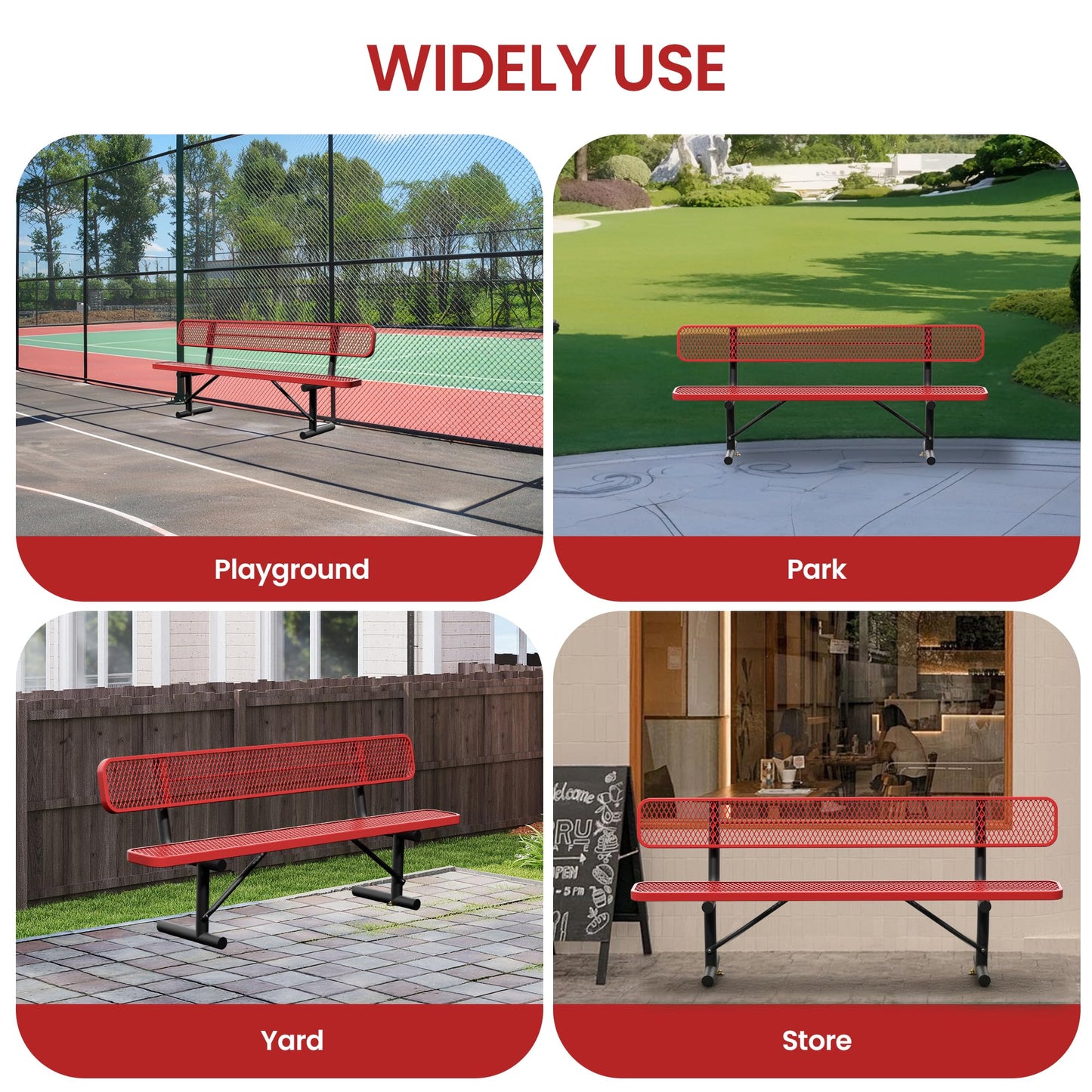 Sunnibety 8 Feet Steel Park Bench for Outside, Outdoor Bench with Backrest & Portable Frame, Commercial Benches for Shopping Malls, Stores, Parks, Patios, Decks, Red