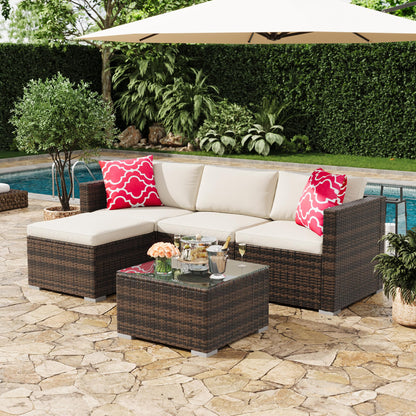 GAOMON 5-Piece All-Weather Patio Furniture Set, Convertible Outdoor Sectional Sofa with Ottoman & Tempered Glass Table, PE Rattan Conversation Set for Garden, Backyard, Porch, Poolside
