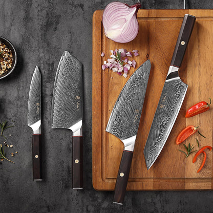 Wakoli Culinary Asia Damascus 4-Piece Knife Block Set with Magnetic Block – Professional Kitchen Knives made of 67-Layer Damascus Steel Blades & VG10 Core – Ergonomic Dark Oak Wood Handles in Gift Box