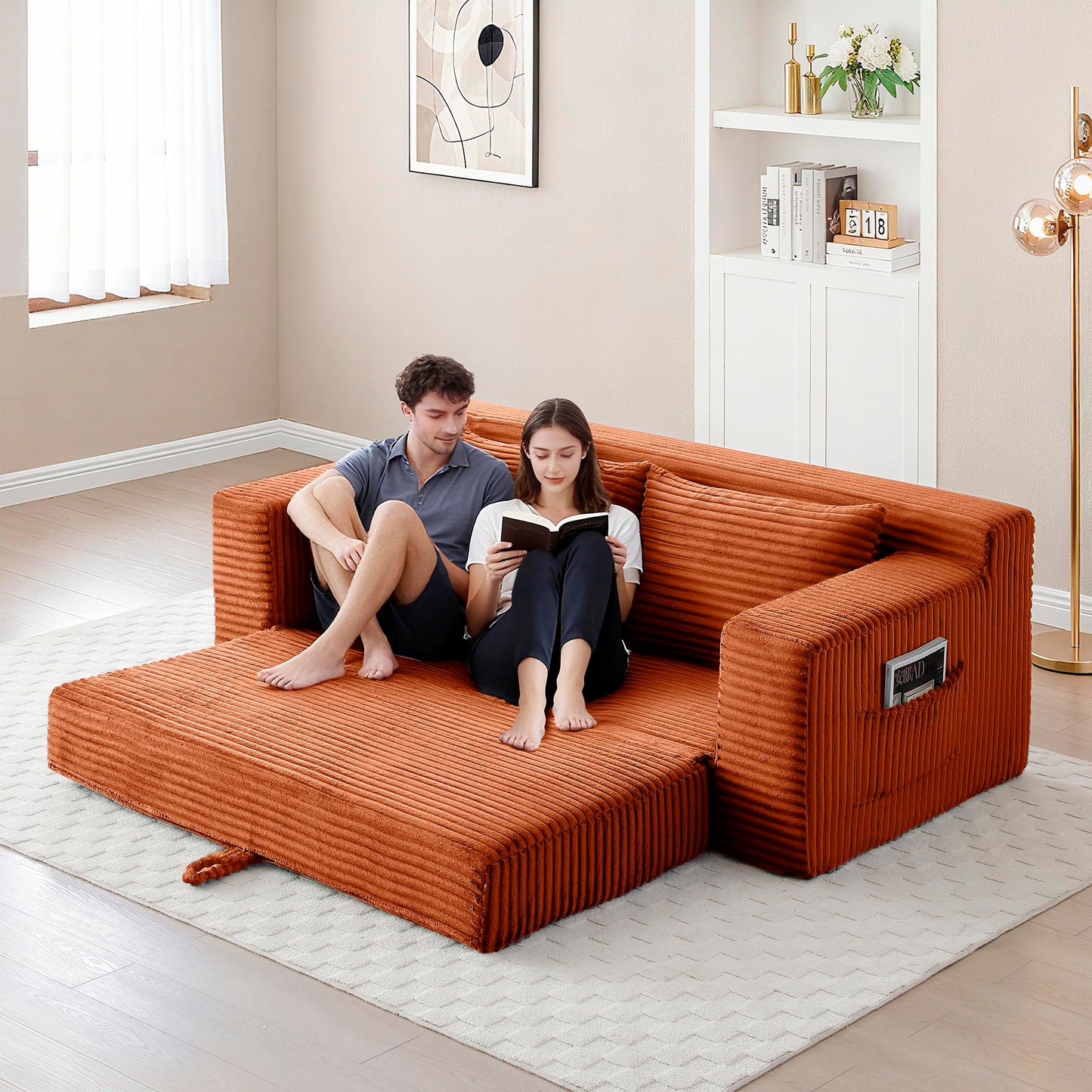 Zyerch 73" Convertible Sofa Bed, 2 in 1 Corduroy Folding Couch with Pillows, No Assembly Boneless Compression Sofa in Box, Loveseat with Side Storage Pocket for Apartment, Living Room, Orange