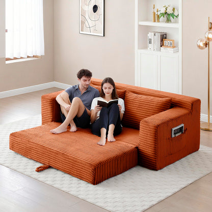 Zyerch 73" Convertible Sofa Bed, 2 in 1 Corduroy Folding Couch with Pillows, No Assembly Boneless Compression Sofa in Box, Loveseat with Side Storage Pocket for Apartment, Living Room, Orange