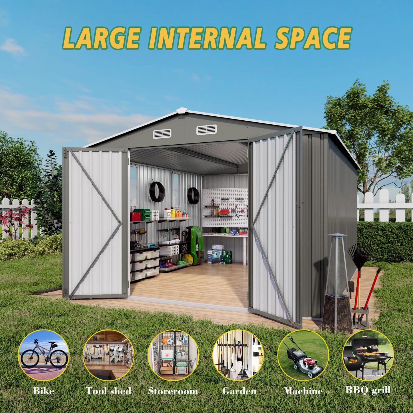 Vigo huseeo 10x12x6.7FT Outdoor Storage Shed, Galvanized Steel Garden Shed with Lockable Door & Window, Waterproof Metal Tool Storage for Garden, Backyard, Patio, Lawn