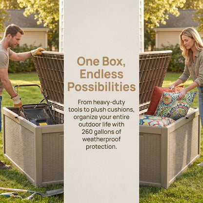 Trygoal 260 Gallon Deck Box, Waterproof Resin Outdoor Storage Box Lockable for Patio Furniture, Fade Resistant Patio Side Table & Organizer for Garden Tools, Pool Float, Outdoor Cushions, Light Coffee