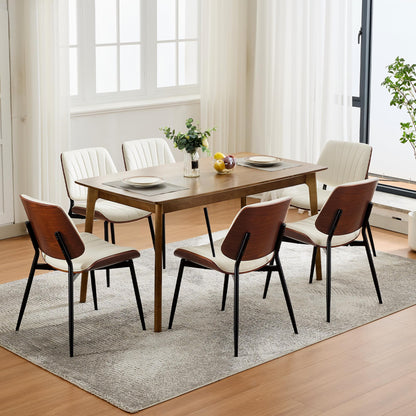 GarveeHome Dining Chairs Set of 6, Mid-Century Modern PU Leather Upholstered Accent Chairs with Shell Strips, Dining Room and Kitchen Chairs with Walnut Wood and Metal Legs, White