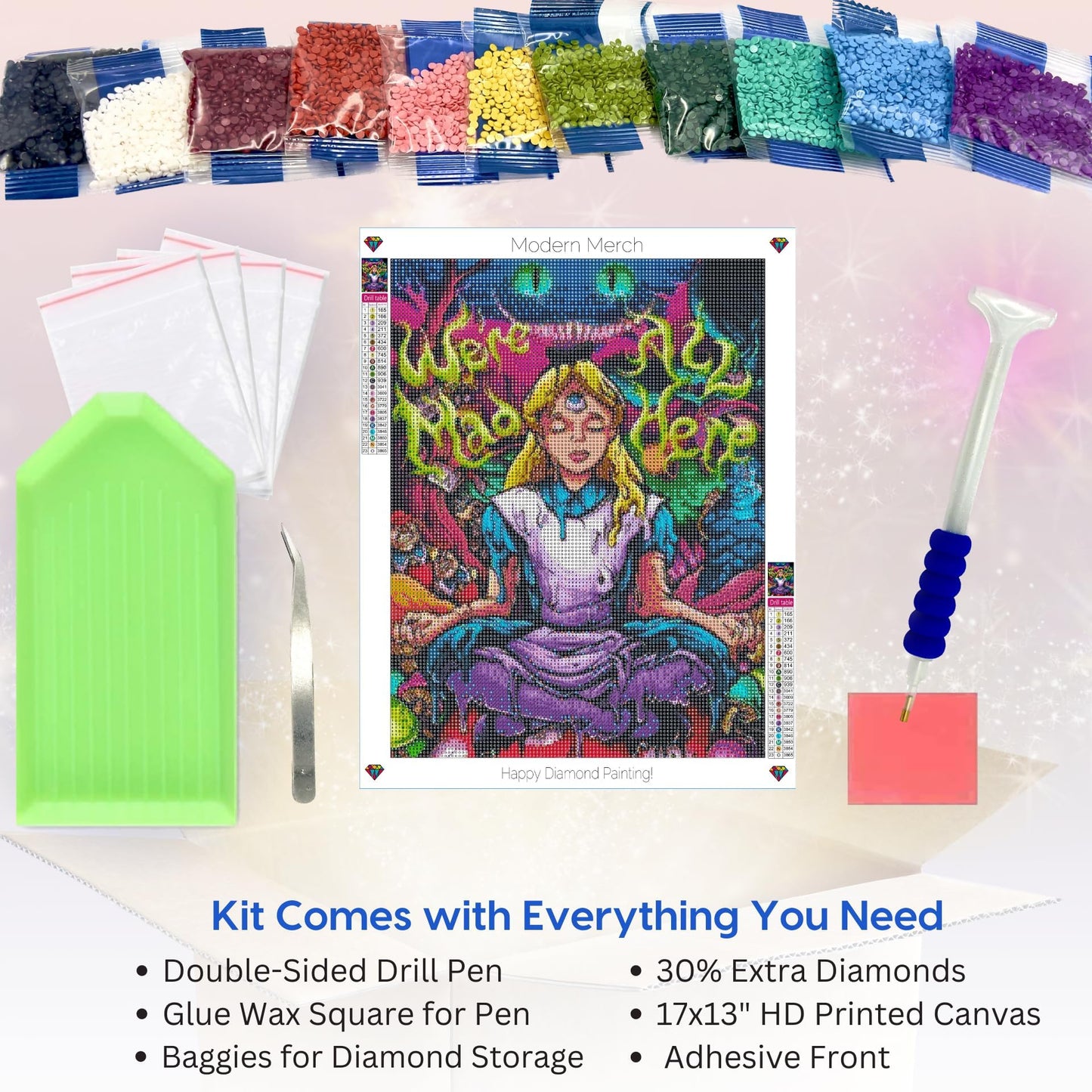 Modern Merch Alice in Wonderland Diamond Art Kits for Adults 'We're All Mad Here' 5D Diamond Painting for Adults, DIY Trippy Wall Art, Cross Stitch Gem Art, Full Round Drill 12x16